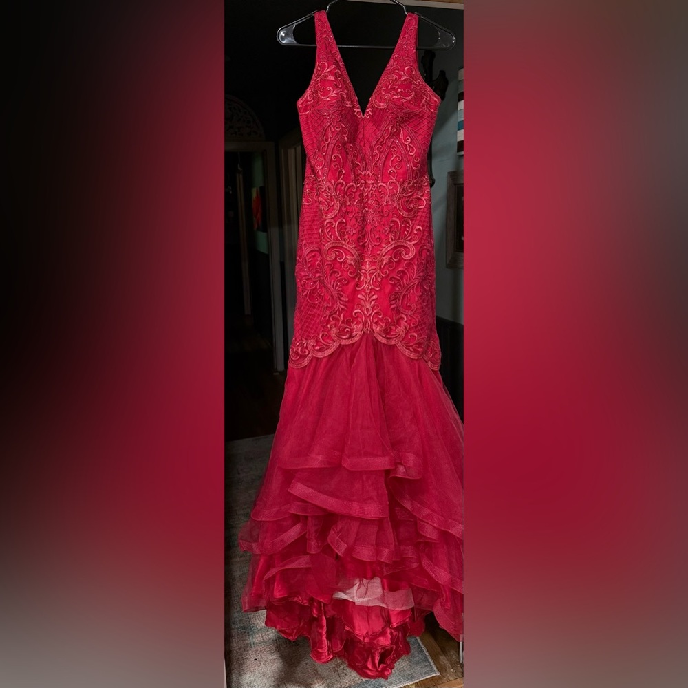 Red Hand Beaded Mermaid-style Prom Dress